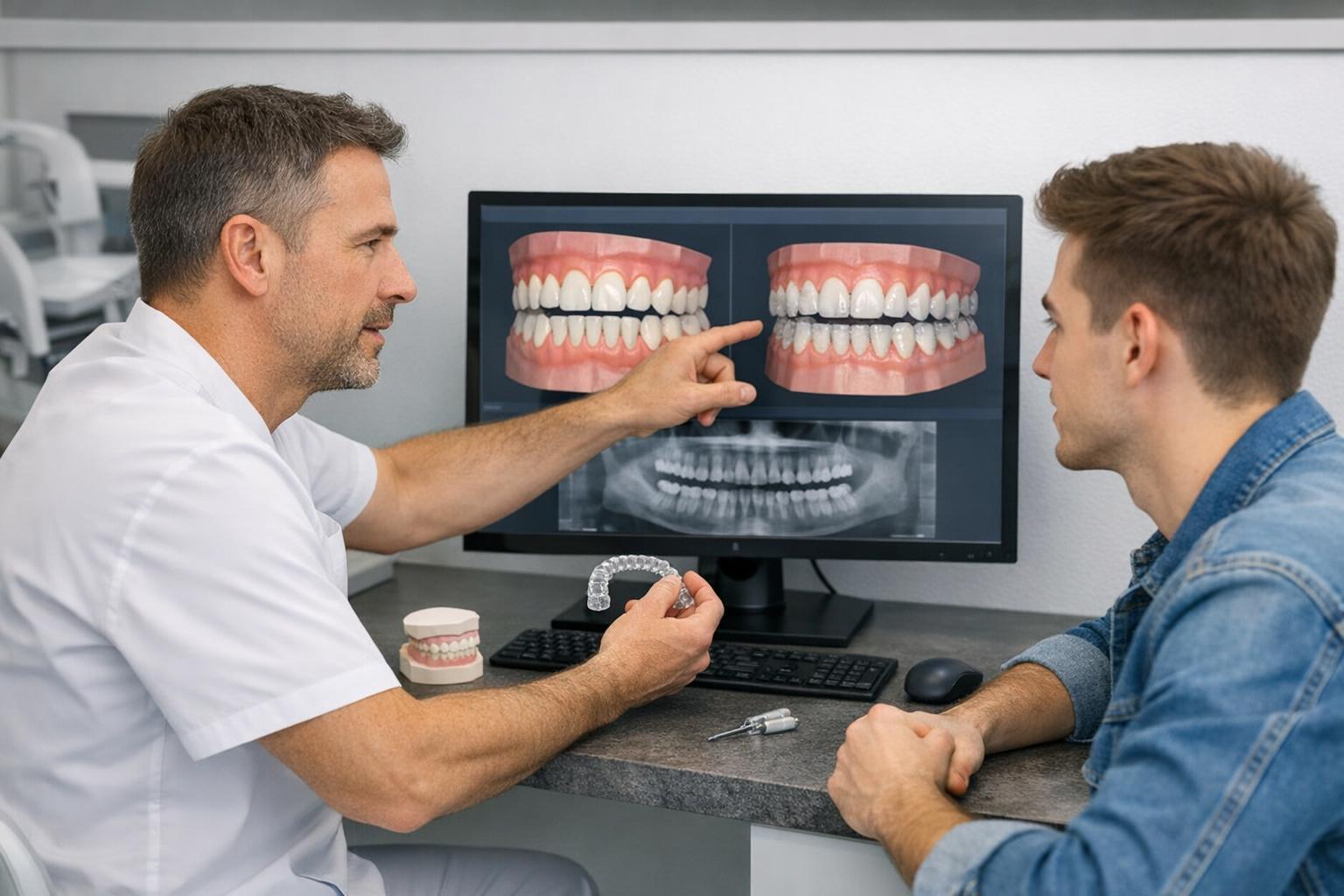 zdjęcie konsultacji u ortodonty: lekarz analizuje skan 3D i omawia plan z pacjentem