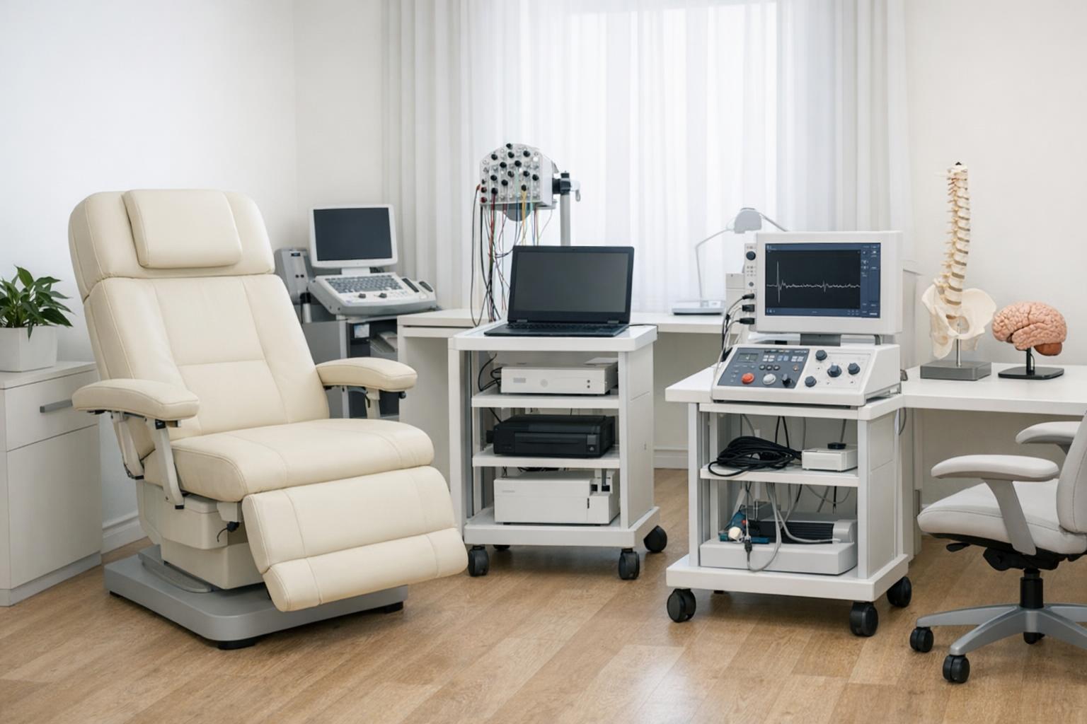 Zdjęcie gabinetu neurologa: jasny pokój z fotelem i aparaturą diagnostyczną