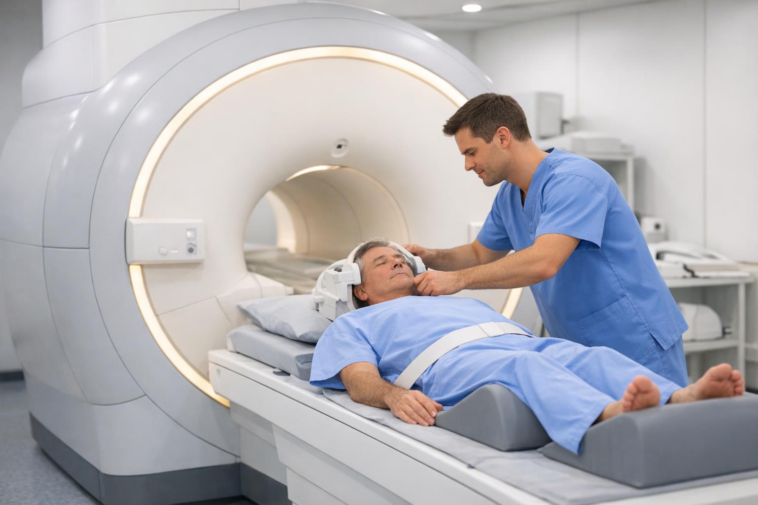 Zdjęcie aparatu do rezonansu magnetycznego: tunel MRI i technik przygotowujący pacjenta